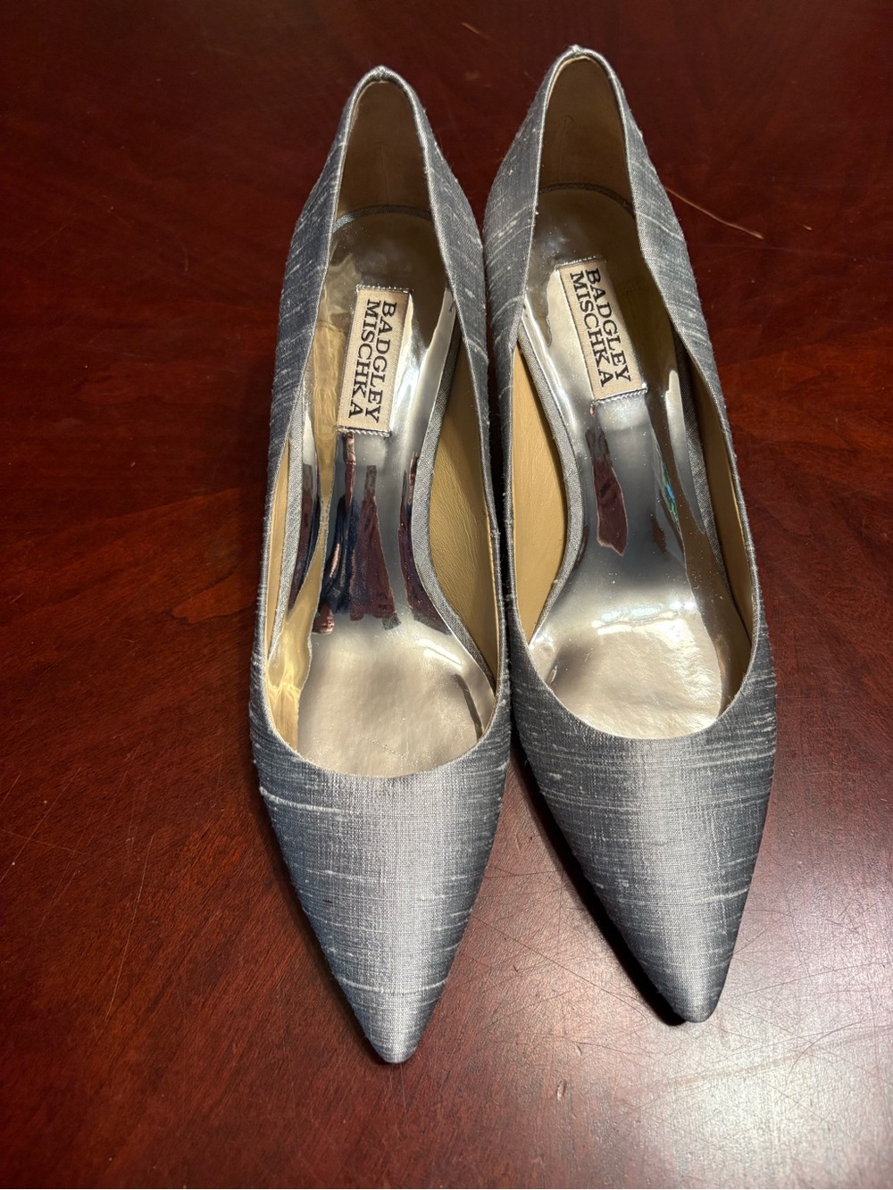 Badgley Mischka Silver Pointed-Toe Satin Pumps